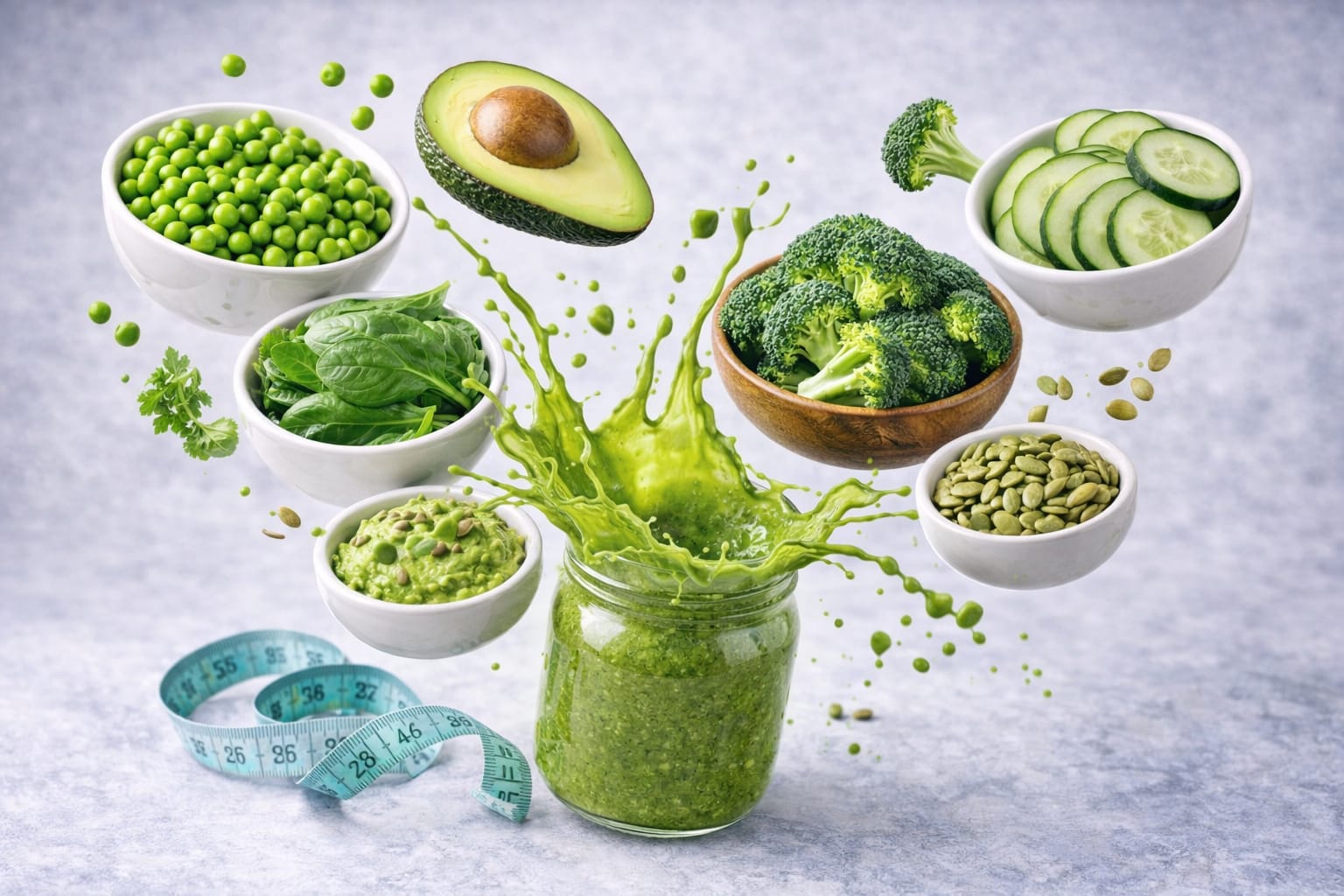 Healthy green foods and smoothie bowl